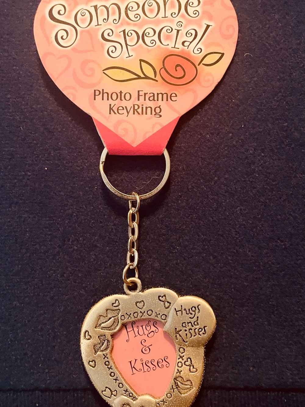 Pewter Hugs & Kisses Heart Photo Frame Keyring Gold Accent